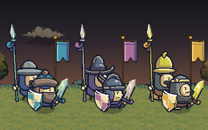 On a ridge at dusk, three companies stand under their standards: Brennwald in blue, Renvaar in purple and Solvaria in gold, each a knight before a spearman.