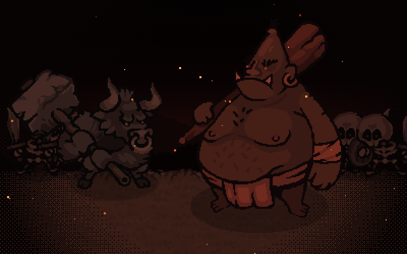 Red dark and ash under jagged peaks: a troll twice a man's height breathes slowly, a minotaur waits in the smoke behind it, skeletons stand in their ranks, and embers drift up.