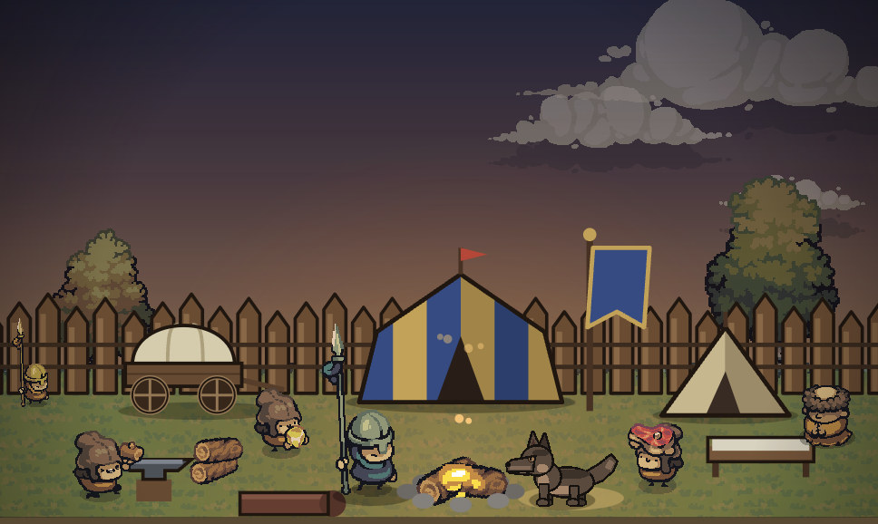 The hero's camp at dusk behind a palisade: a covered wagon, the smith at his anvil, a striped command tent, the hero's blue banner, a surgeon's cot, a sentry, and the hero and their wolf by the fire.