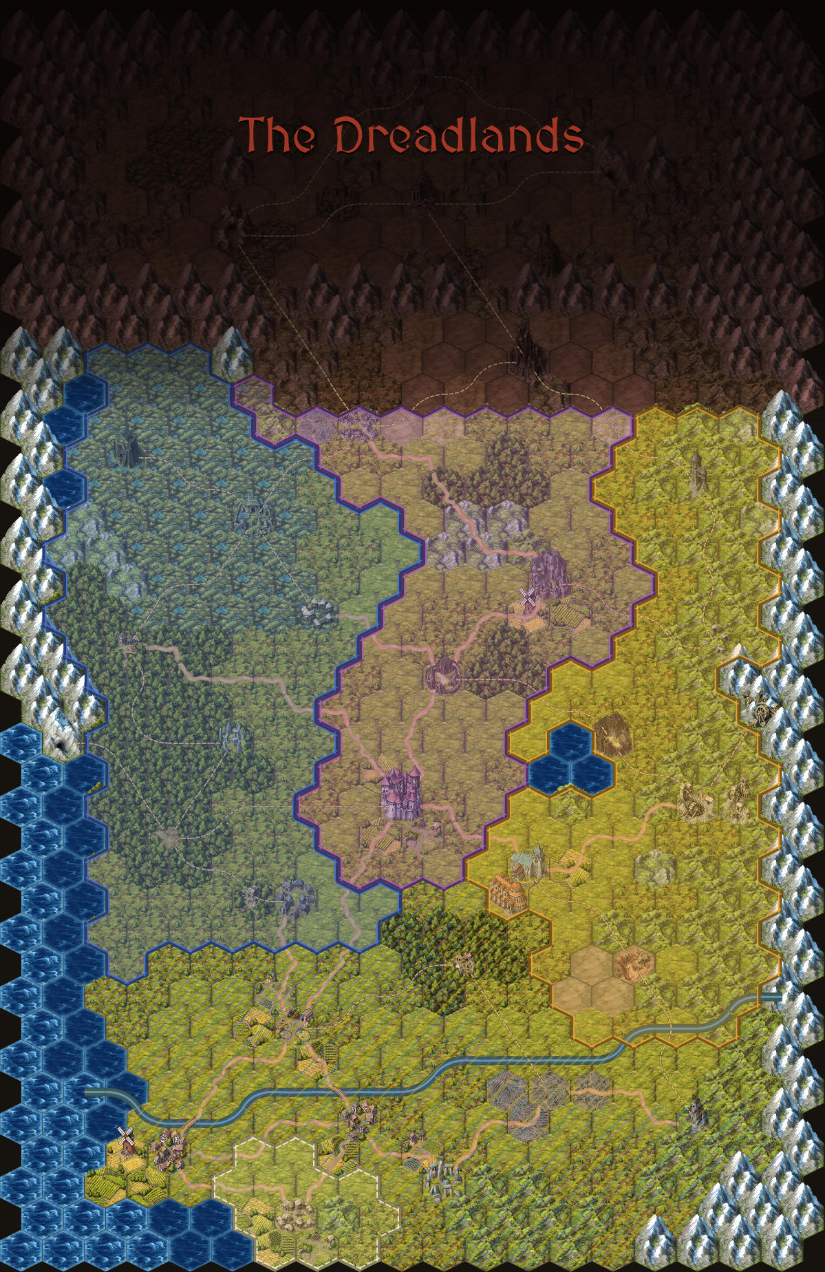 The hex map of the Ashen Marches with its borders: Brennwald's blue in the western woods and fens, Renvaar's purple up the road north, Solvaria's gold in the eastern hills, the contested south hatched, and the Dreadlands sunk in darkness at the top.