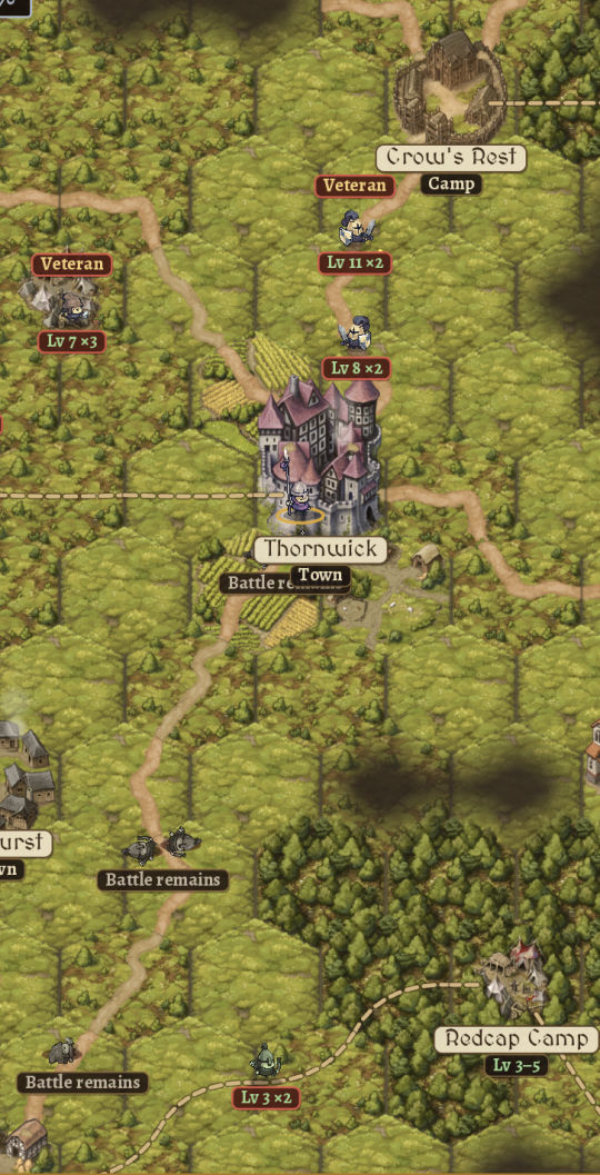The map around Thornwick: the walled town on its hill, Crow's Rest camp, veteran bands and battle remains on the roads, Redcap Camp, and fog where nobody has walked yet.