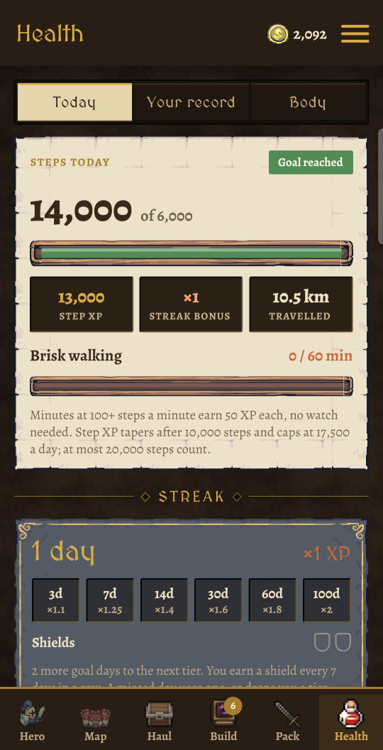 The Health tab: 14,000 steps today against a goal of 6,000, the XP they earned, 10.5 km travelled, brisk walking and the streak.