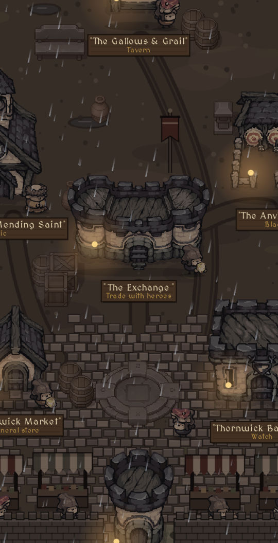 Thornwick at night in the rain: the Gallows & Grail, the Exchange in the square, the market and the barracks, lamps lit.