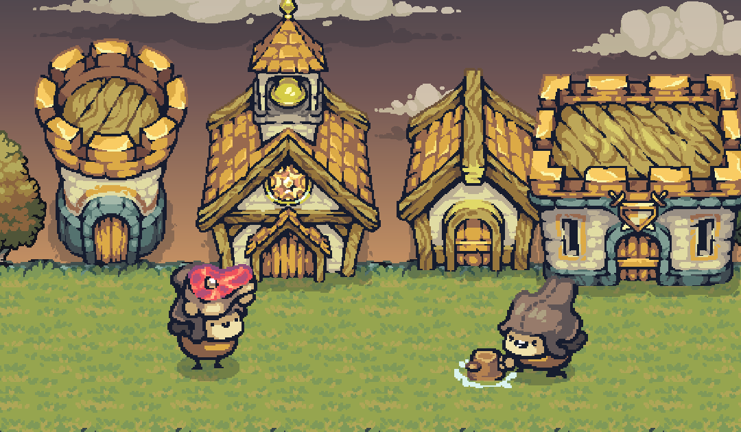 A town square: a tower, a chapel, houses and a barracks with golden roofs, the innkeeper holding a ham and the smith at the anvil.
