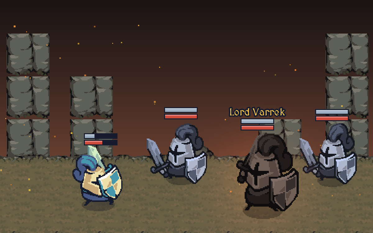 In the ember-lit ruins of his keep, Lord Varrek, a huge knight in blackened plate, stands with two steel revenants against the hero.