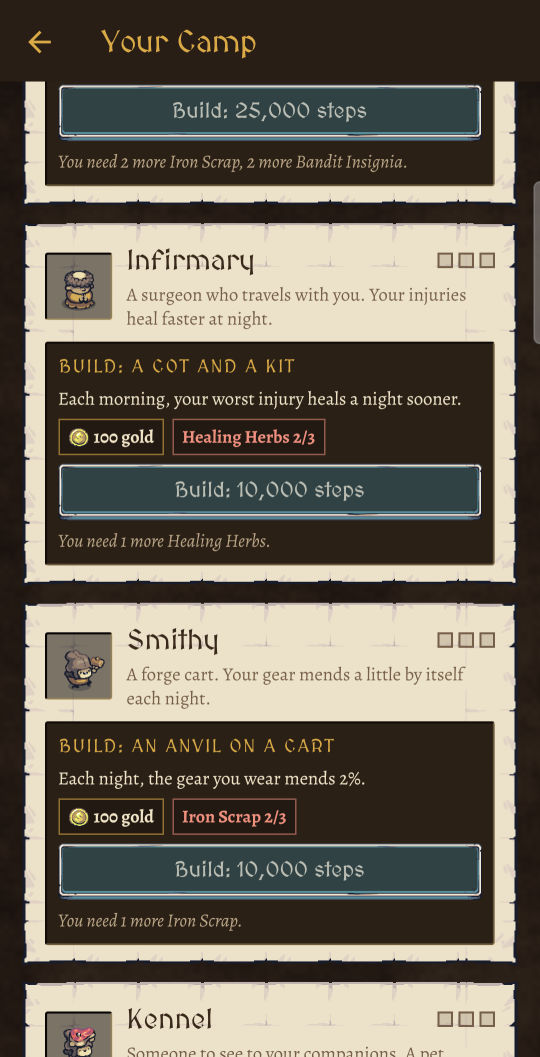The camp's parts: the Infirmary, a cot and a kit; the Smithy, an anvil on a cart; each with its cost in gold and materials and the steps to build it.