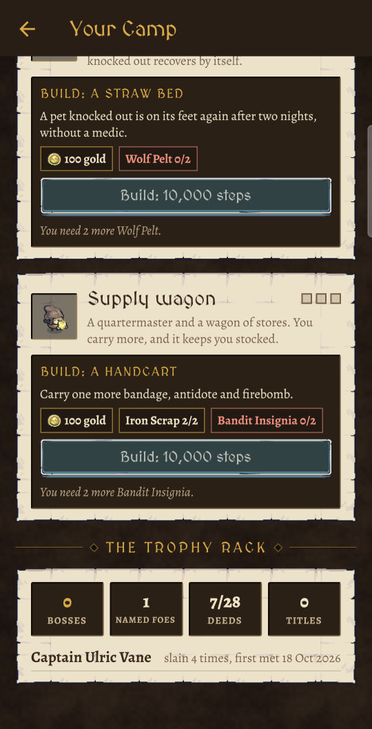 The Supply wagon and the trophy rack: bosses, named foes, deeds and titles.