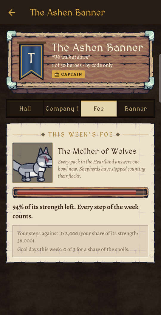 A guild's page: its banner and motto, and this week's foe, the Mother of Wolves, with 94% of its strength left.