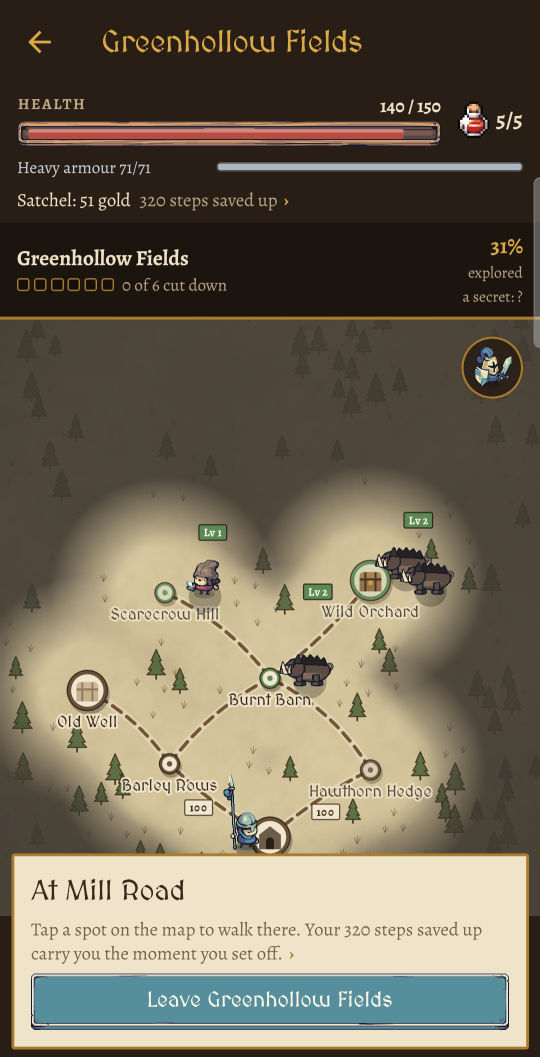 Greenhollow Fields up close: spots joined by paths, a highwayman and two groups of boars.